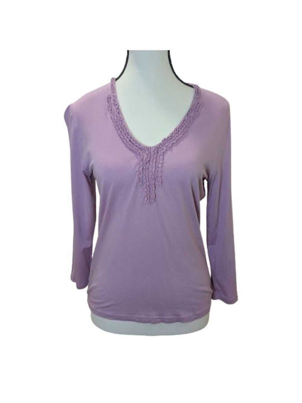 Ann Taylor Lavender Ruffle Trim V-Neck Top S Romantic Feminine Blouse